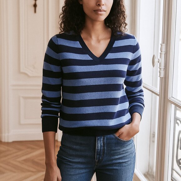 346 Brooks Brothers Navy/Light Blue Striped Merino Wool V-neck Sweater Small - Picture 3 of 13